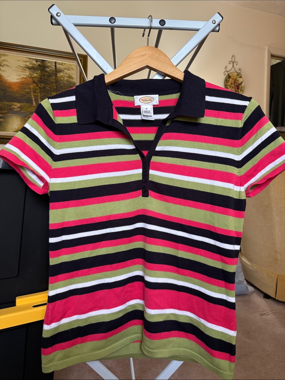 Talbots Striped Polo Shirt in Black, Pink, Olive & White